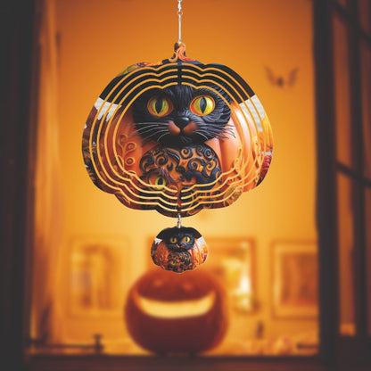 Halloween Cat in a  Pumpkin Shaped Wind Spinner