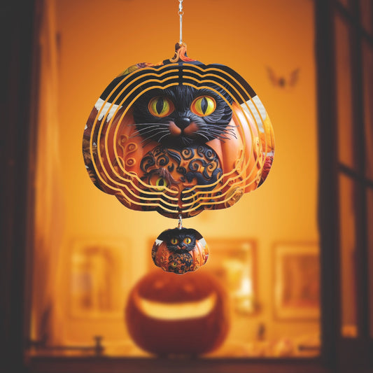 Halloween Cat in a  Pumpkin Shaped Wind Spinner