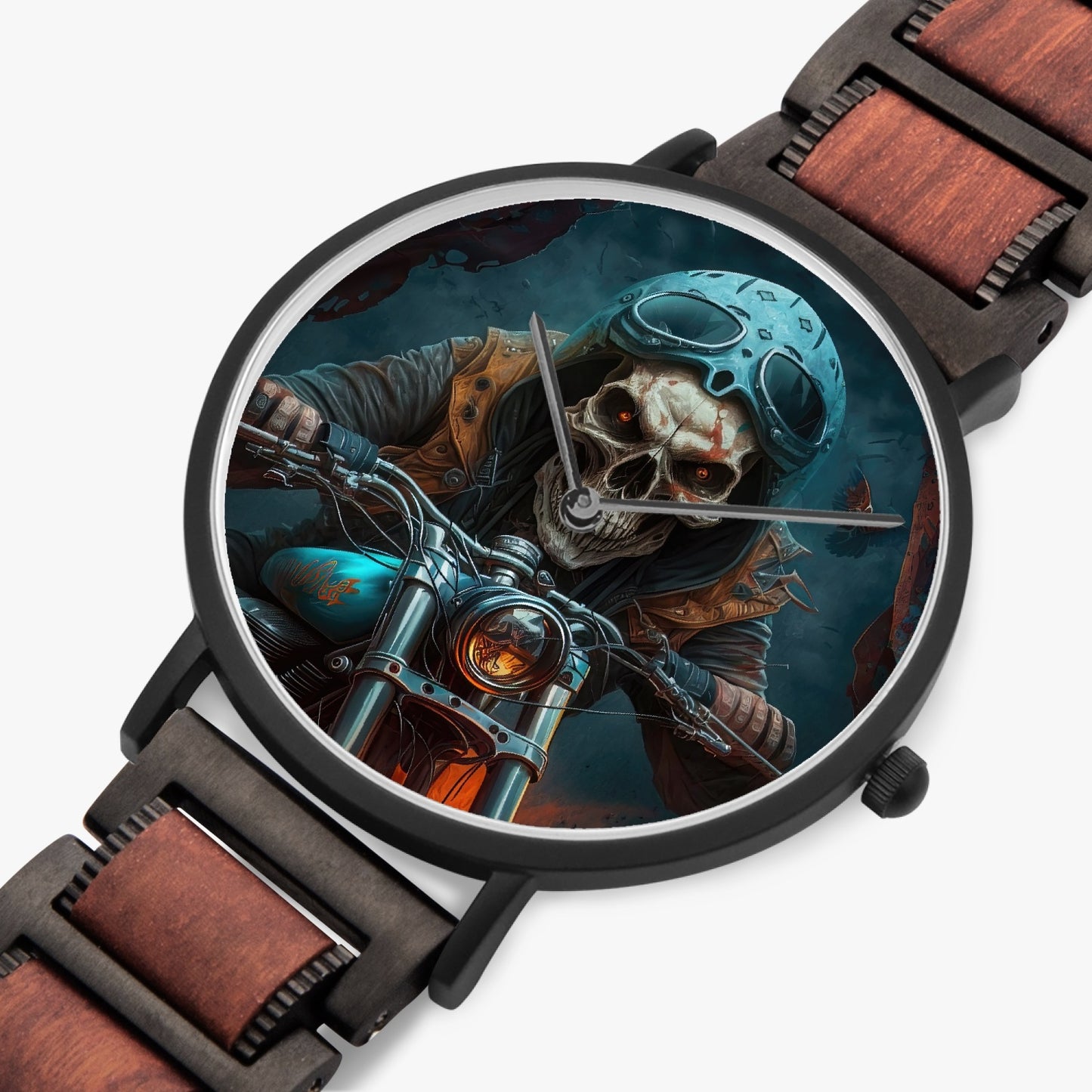 Skull Biker Riding Motorcycle New wooden Strap Quartz Watch