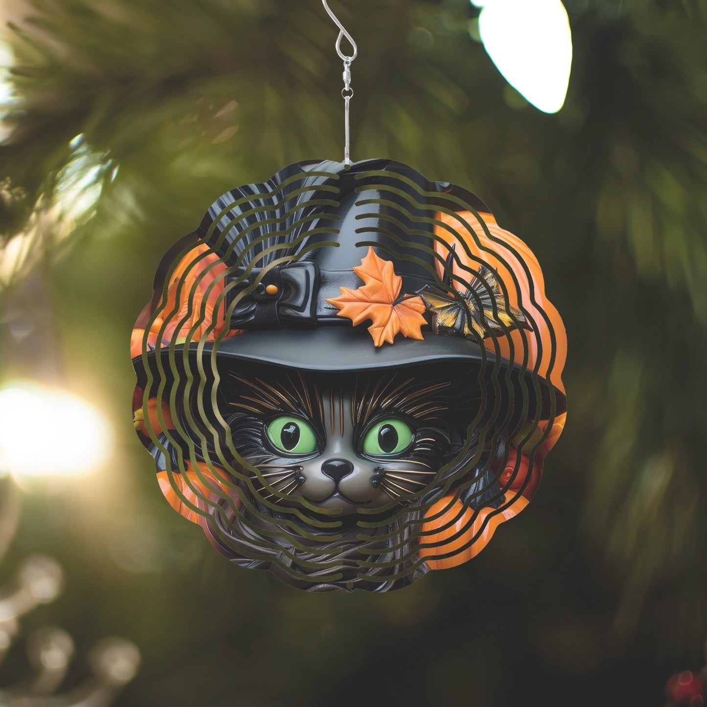 Green Eyed  Halloween Black Cat With Pumpkins Wind Spinner