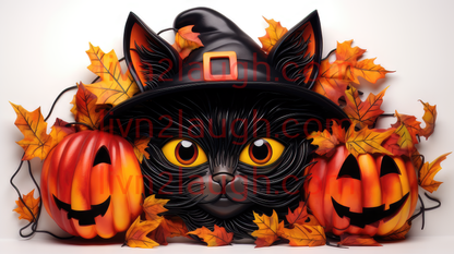 Big Eyed Black Cat Witch Hat For Fall Halloween, Pumpkins And White Background Tumbler 20oz