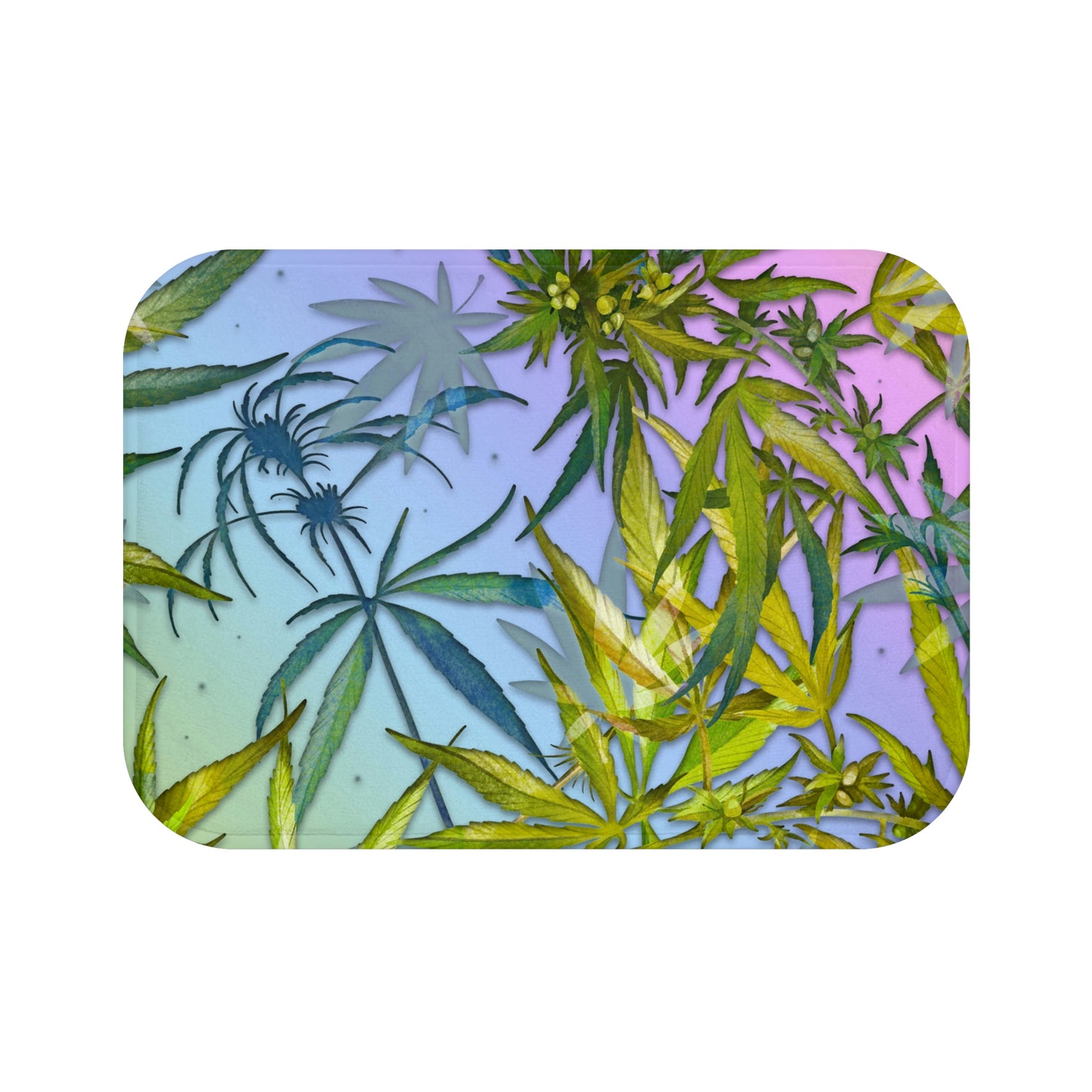 Pinkish Purple And Blue Beautiful Background With Marijuana Pot Weed 420 With Green Leaves Background Bathmat