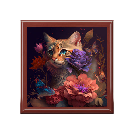 Orange Cat with Butterfly and Purple, Pink Sassy Flowers Jewelry Box