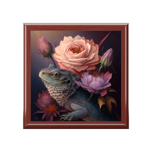 Lizard with Butterfly and Purple, Pink Sassy Roses Flowers Jewelry Box