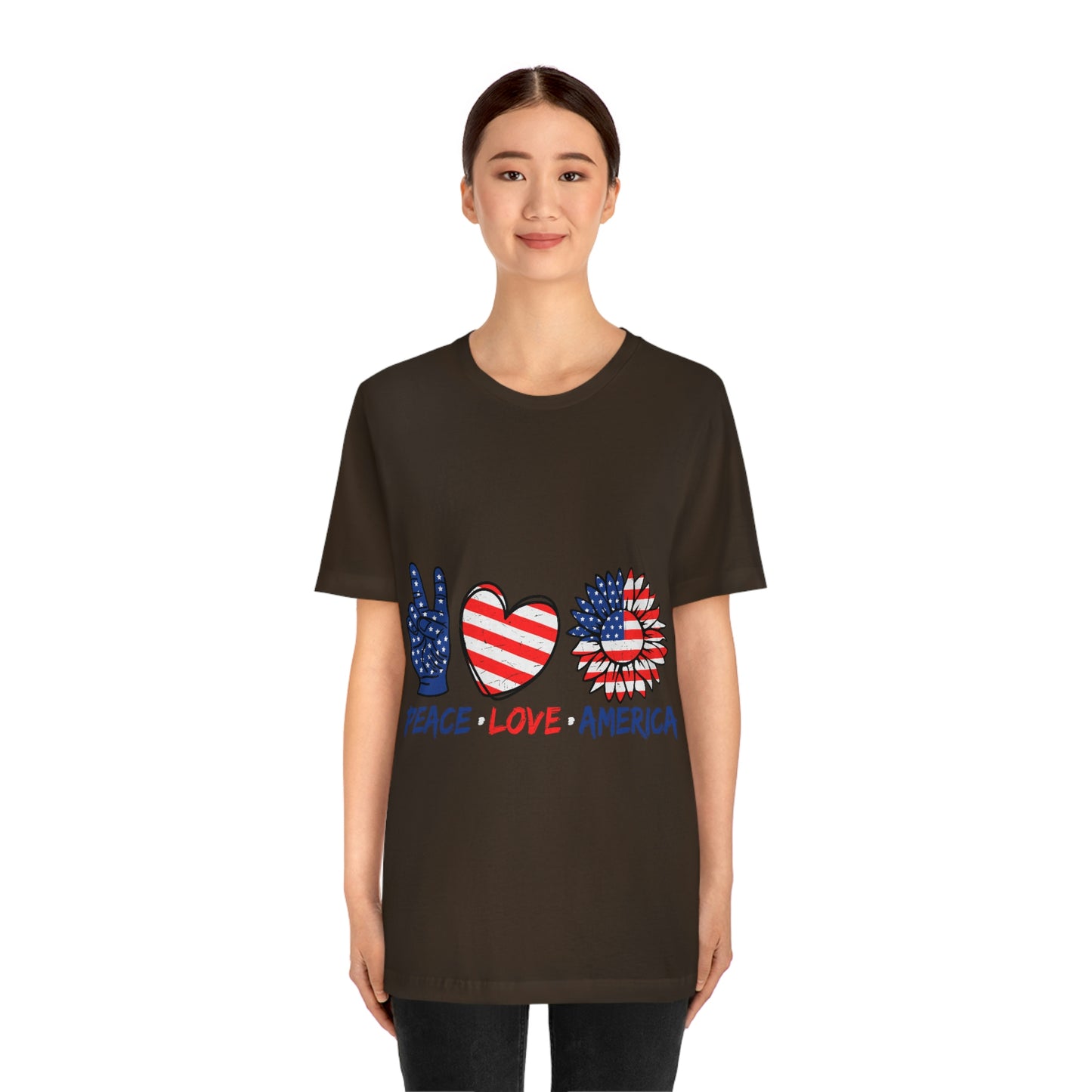 Peace Fingers , Love Heart , America Flag Design Unisex Jersey Short Sleeve Tee