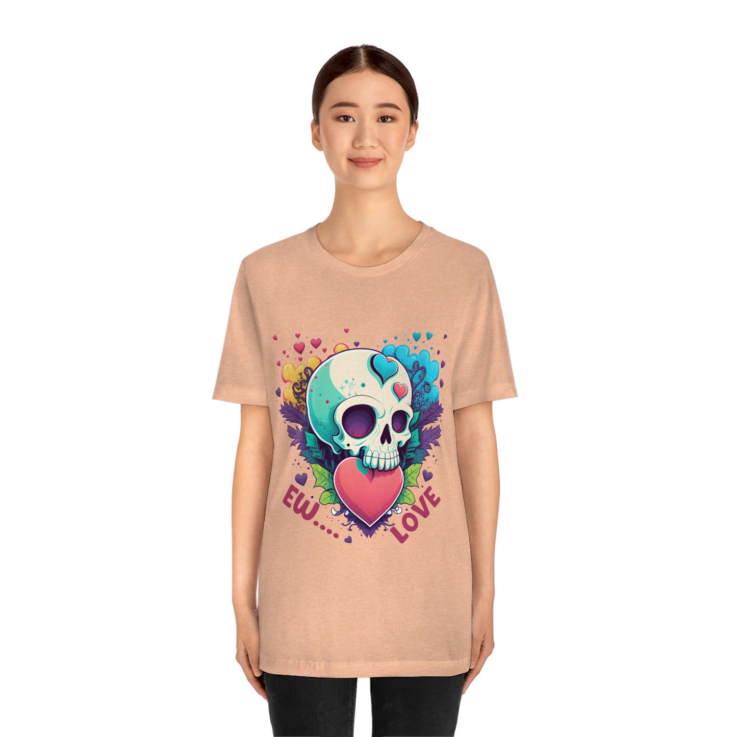 Ew Love Valentine Skull  With Pink And Blue Hearts Unisex Jersey Short Sleeve Tee