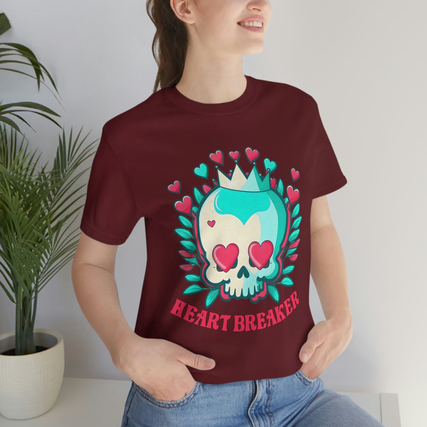 Valentine's  Heart Breaker Skull And Crown With Blue & Pink Hearts Unisex Jersey Short Sleeve Tee
