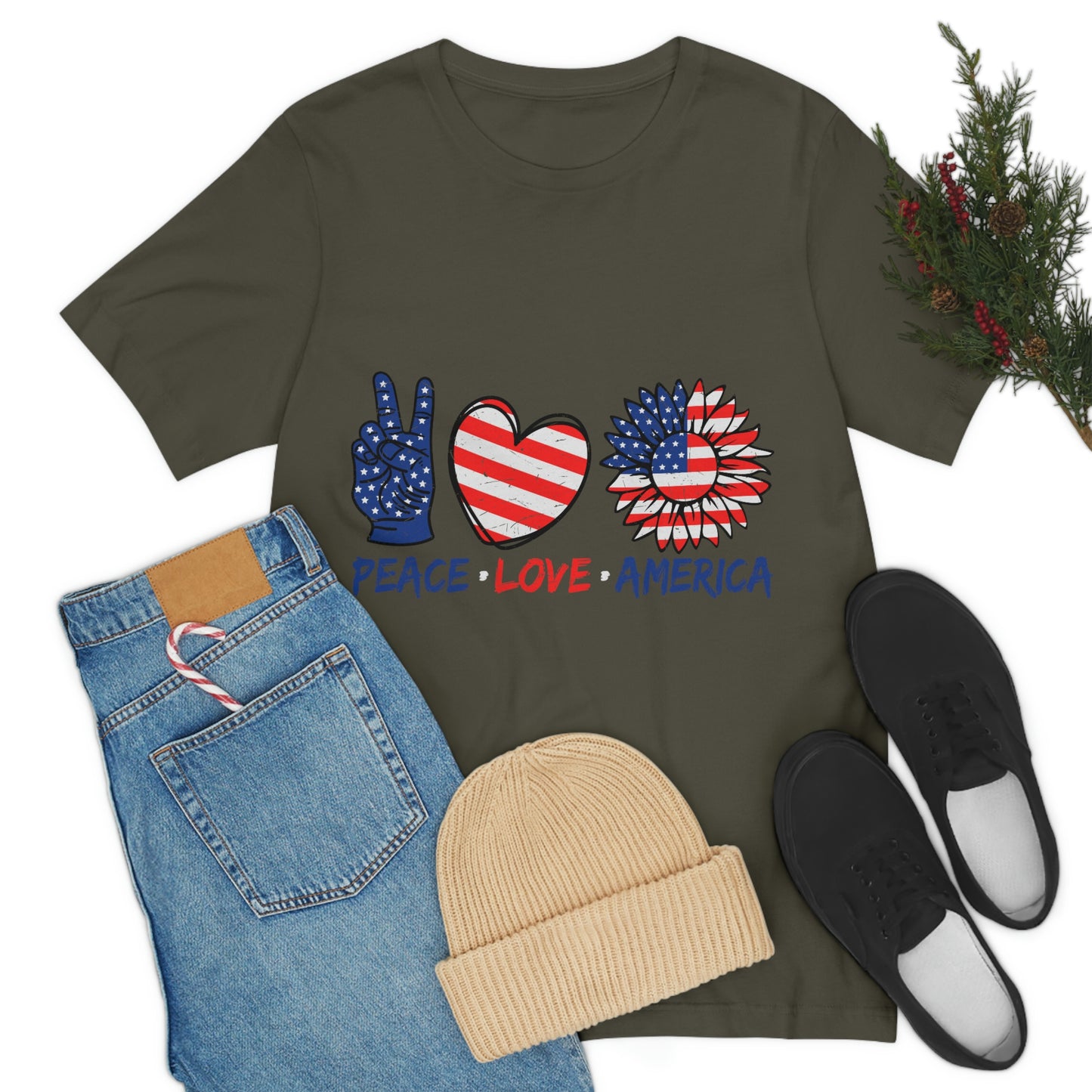 Peace Fingers , Love Heart , America Flag Design Unisex Jersey Short Sleeve Tee