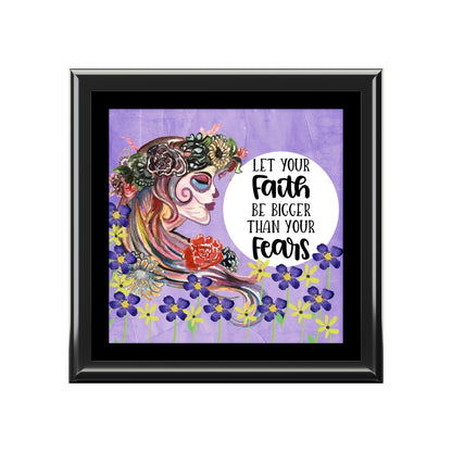 Let faith be Bigger Then Your fears, Beautiful Skull With collage of Flowers Purple Background Jewelry Box