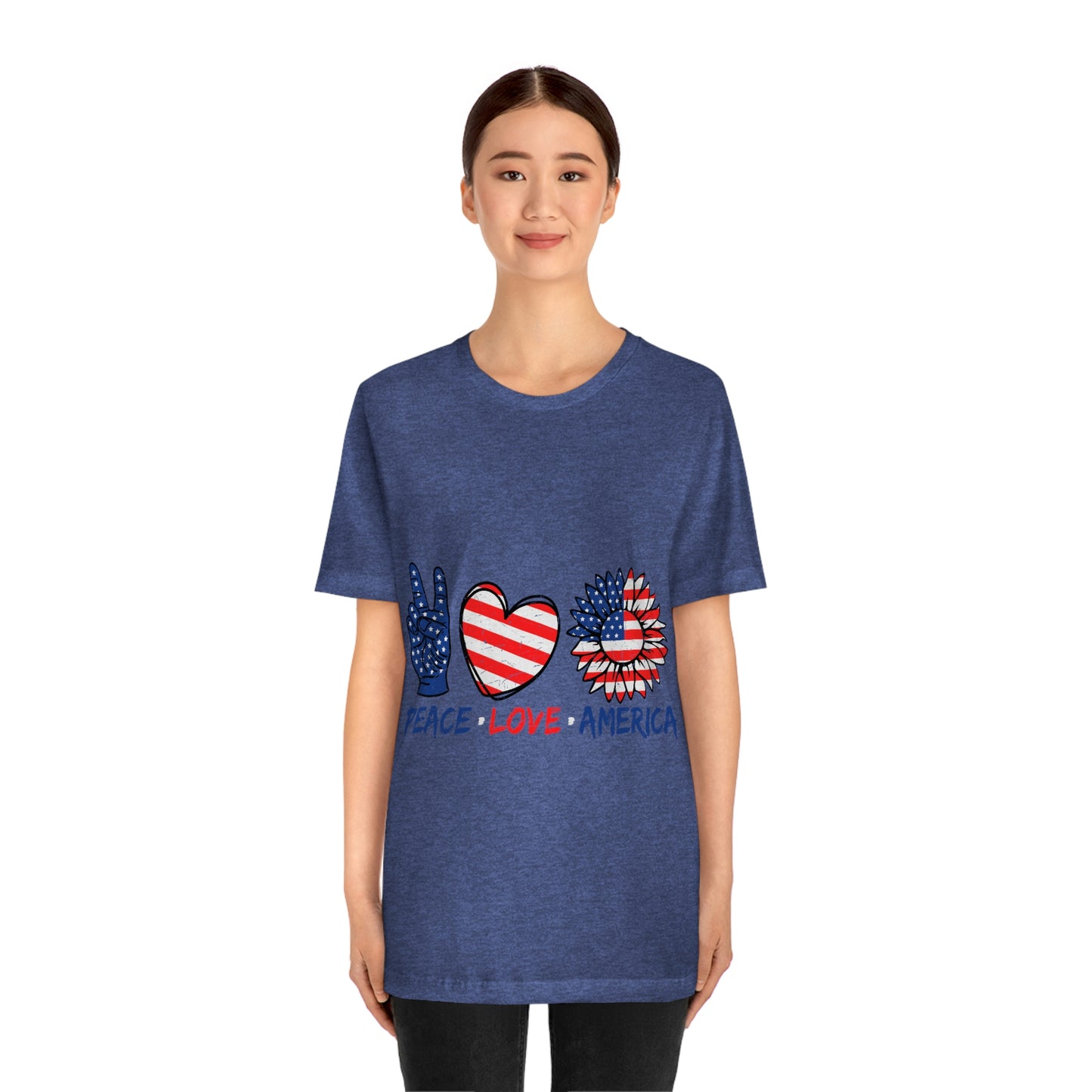 Peace Fingers , Love Heart , America Flag Design Unisex Jersey Short Sleeve Tee