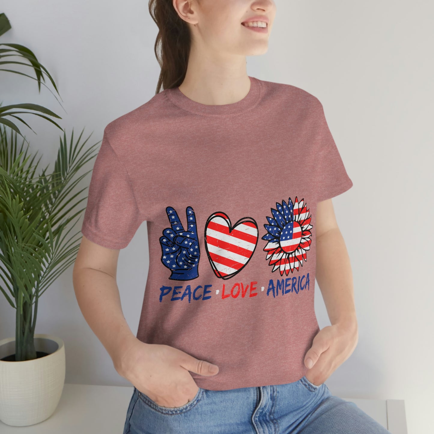 Peace Fingers , Love Heart , America Flag Design Unisex Jersey Short Sleeve Tee