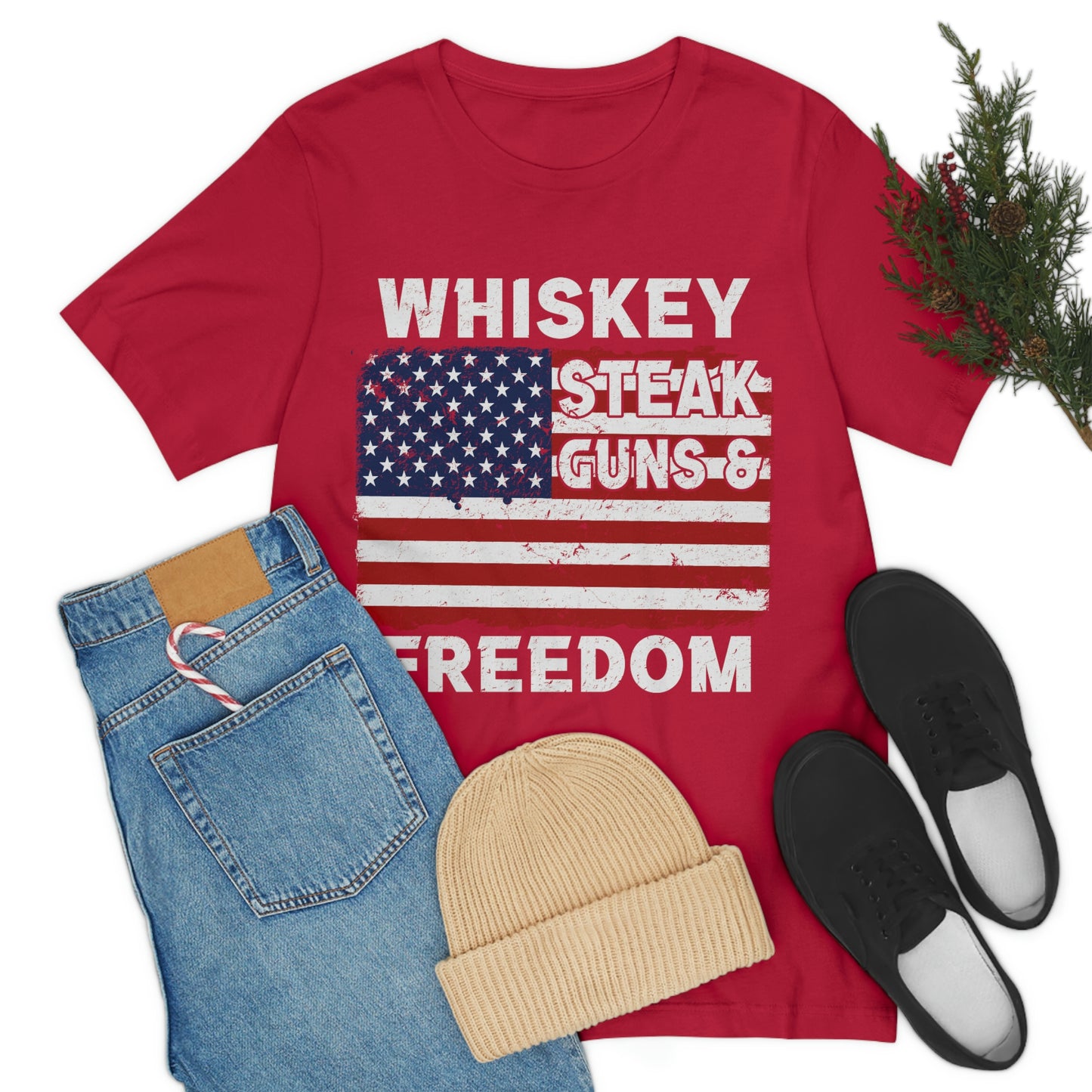 Whiskey Steak Gun And Freedom, American Flag, Fourth Of July 4th Unisex Jersey Short Sleeve Tee