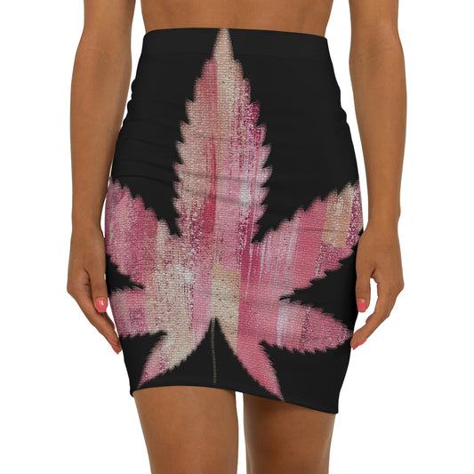 Sassy Single Pink Marijuana 420 Weed Leaf With Black Background Women's Mini Skirt (AOP)
