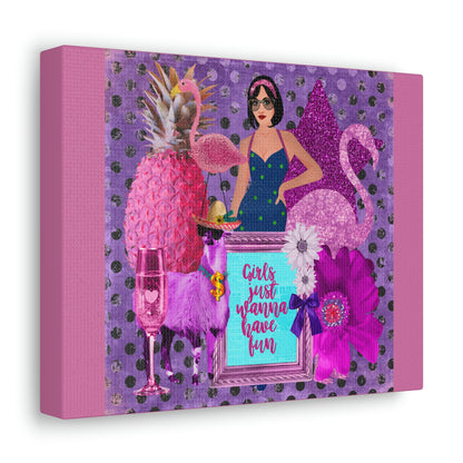 Girls Just Want To Have Fun Retro Summer Fun Travel Van Flamingo Collage Canvas Gallery Wraps