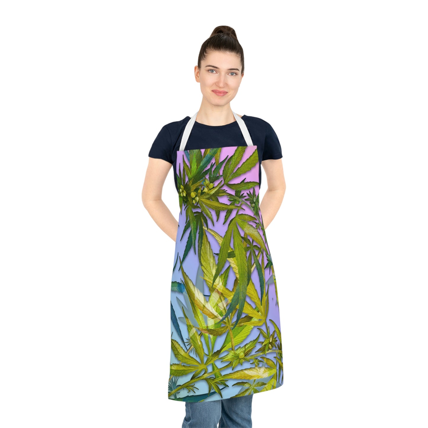 Pinkish Purple And Blue Beautiful Background With Marijuana Pot Weed 420 With Green Leaves Background Adult Apron