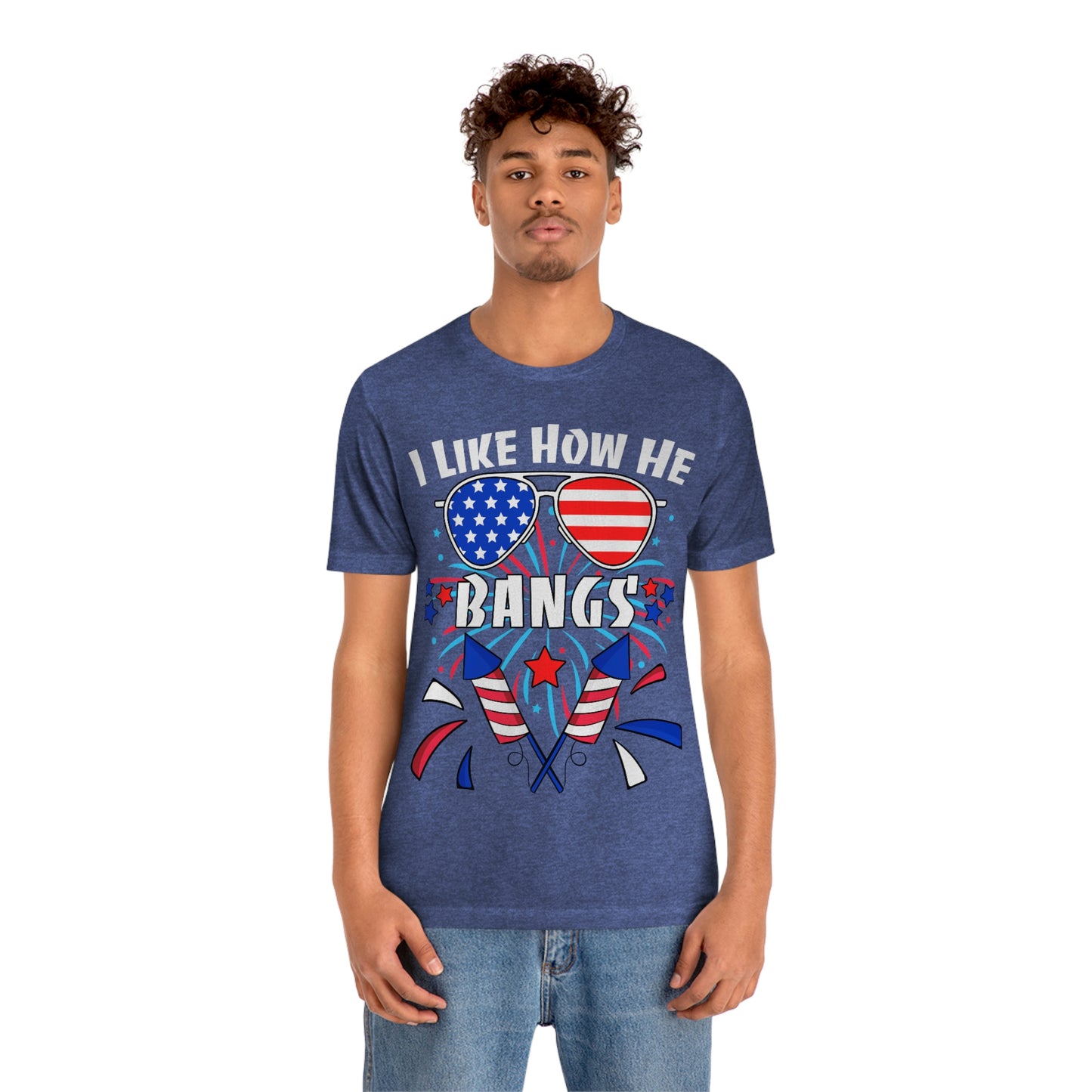 I Like How He Bangs American Flag, Fourth Of July 4th , American Flag Glasses Unisex Jersey Short Sleeve Tee