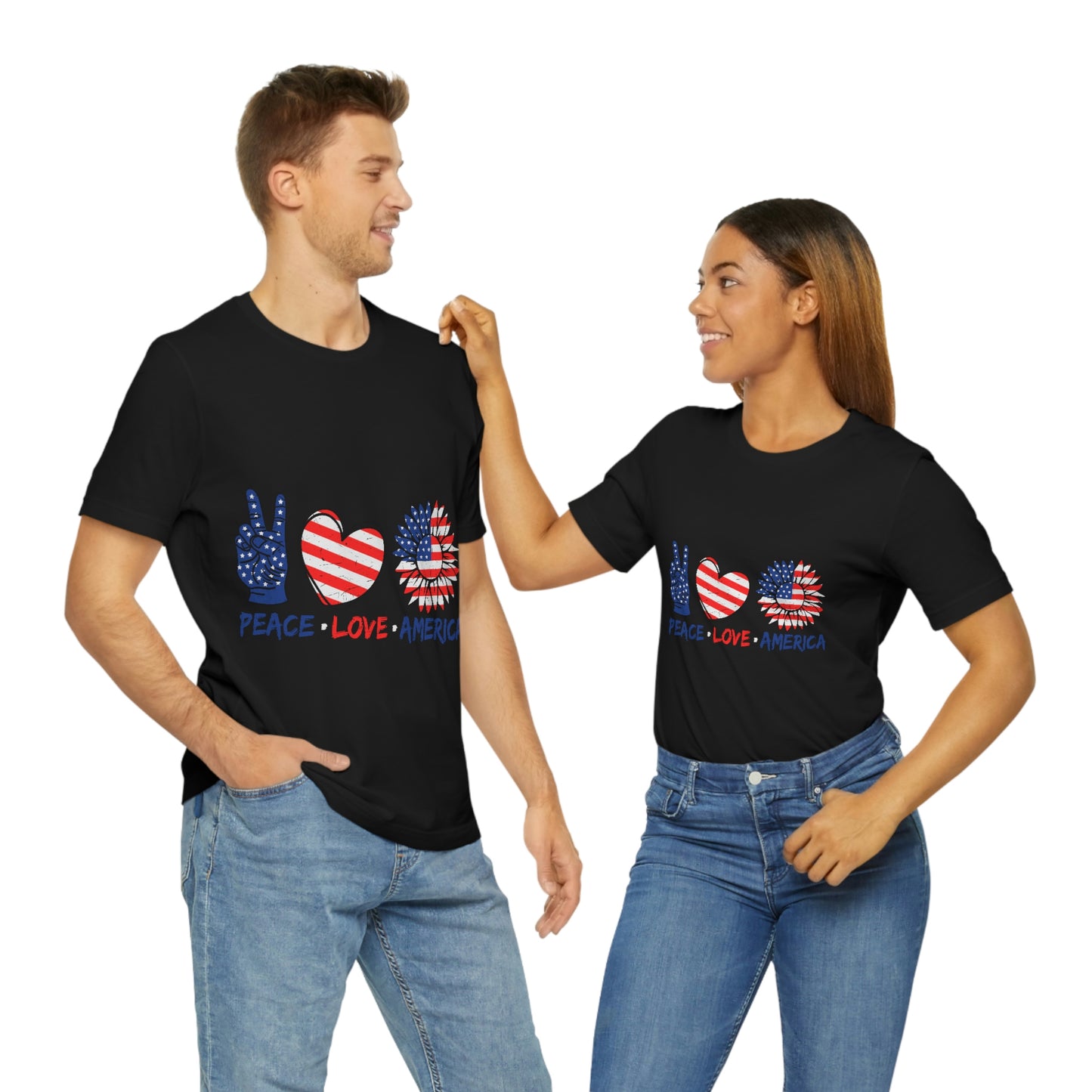 Peace Fingers , Love Heart , America Flag Design Unisex Jersey Short Sleeve Tee