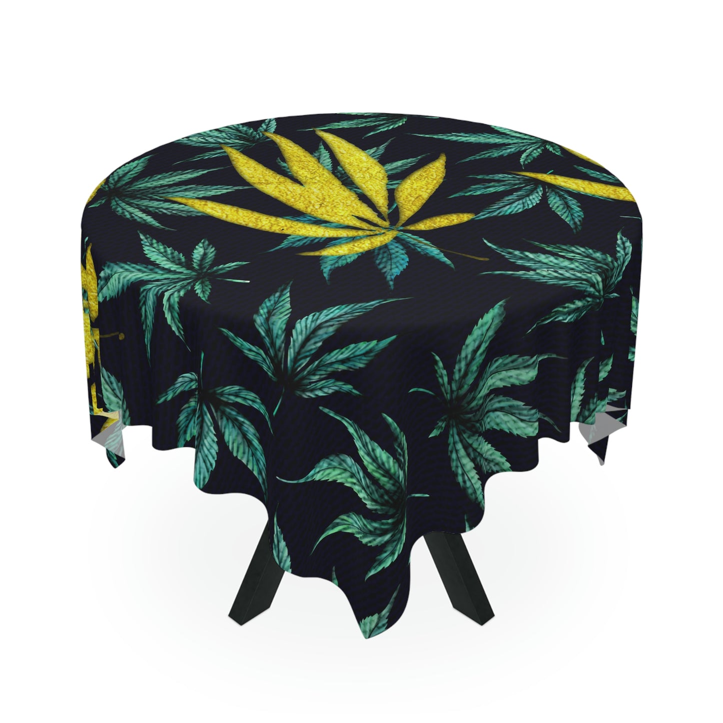 Large Gold Leaf Marijuana Pot Weed 420 With Green Leaf Background Tablecloth