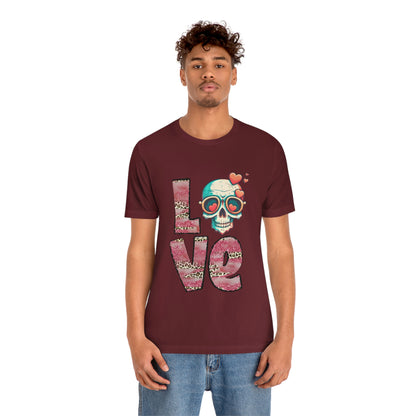 Love Valentine Skull With Red Roses Unisex Jersey Short Sleeve Tee