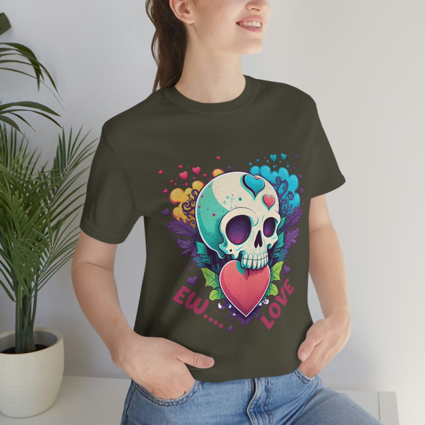 Ew Love Valentine Skull  With Pink And Blue Hearts Unisex Jersey Short Sleeve Tee