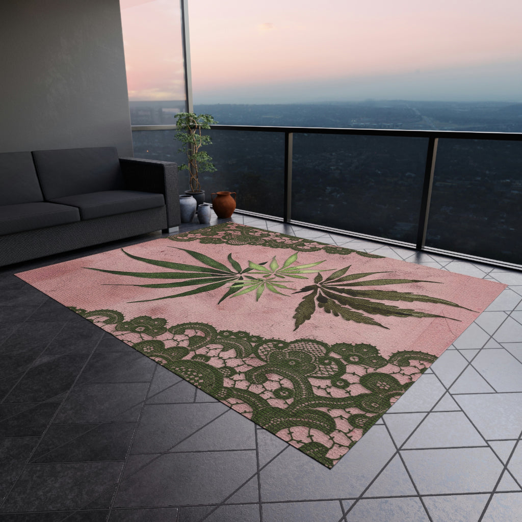 Grey Lace Gorgeous Pink Designed Marijuana 420 Weed Leaf Outdoor Rug