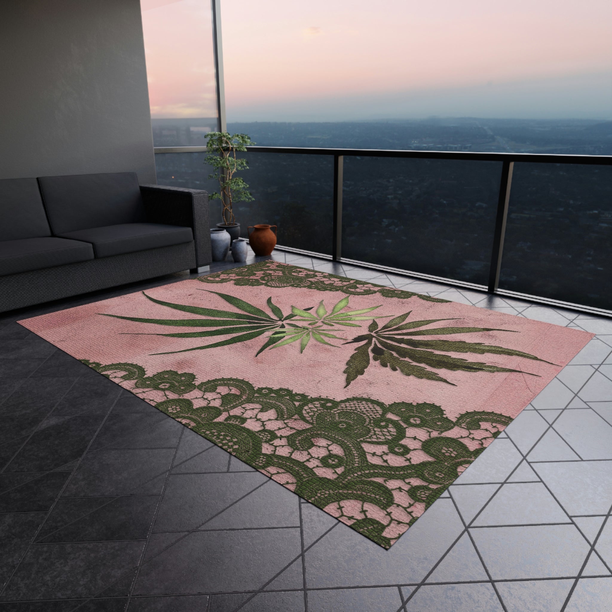 Grey Lace Gorgeous Pink Designed Marijuana 420 Weed Leaf Outdoor Rug