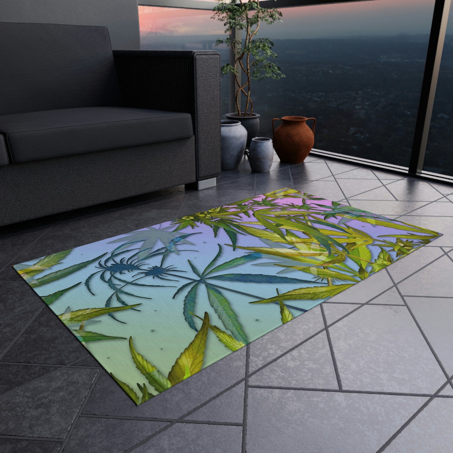 Pinkish Purple And Blue Beautiful Background With Marijuana Pot Weed 420 With Green Leaves Background Outdoor Rug