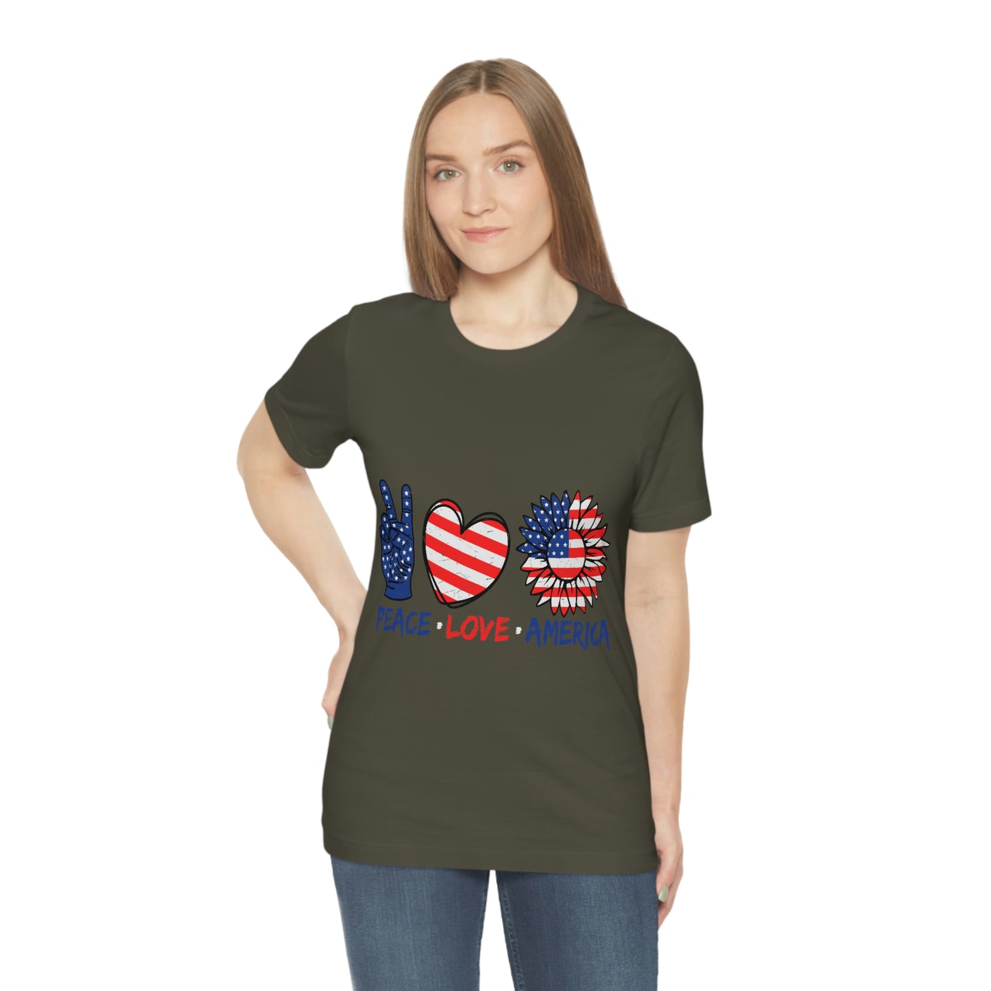 Peace Fingers , Love Heart , America Flag Design Unisex Jersey Short Sleeve Tee