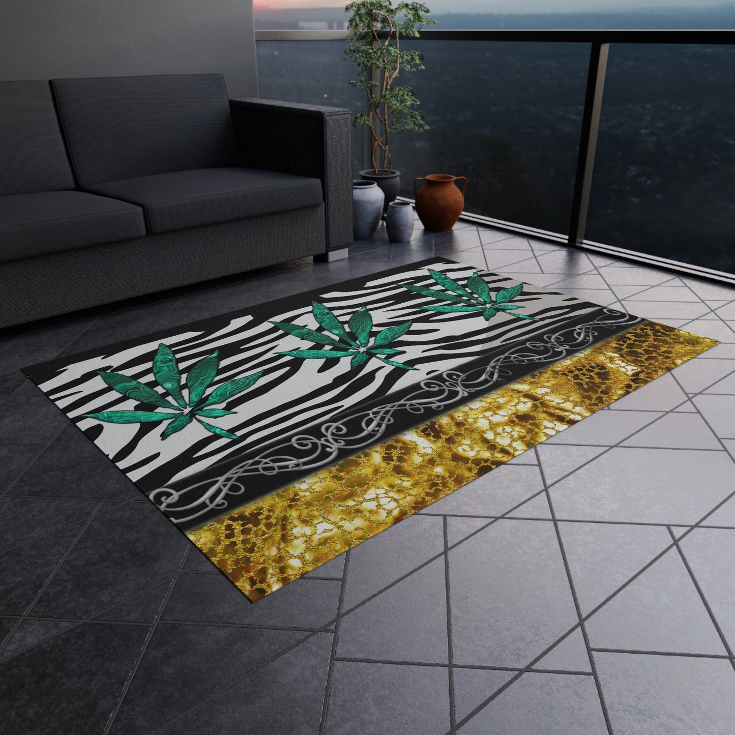 Gold And Zebra White And Black Marijuana Pot Weed Leaf 420 Weed Pot Marijuana Leaf Outdoor Rug