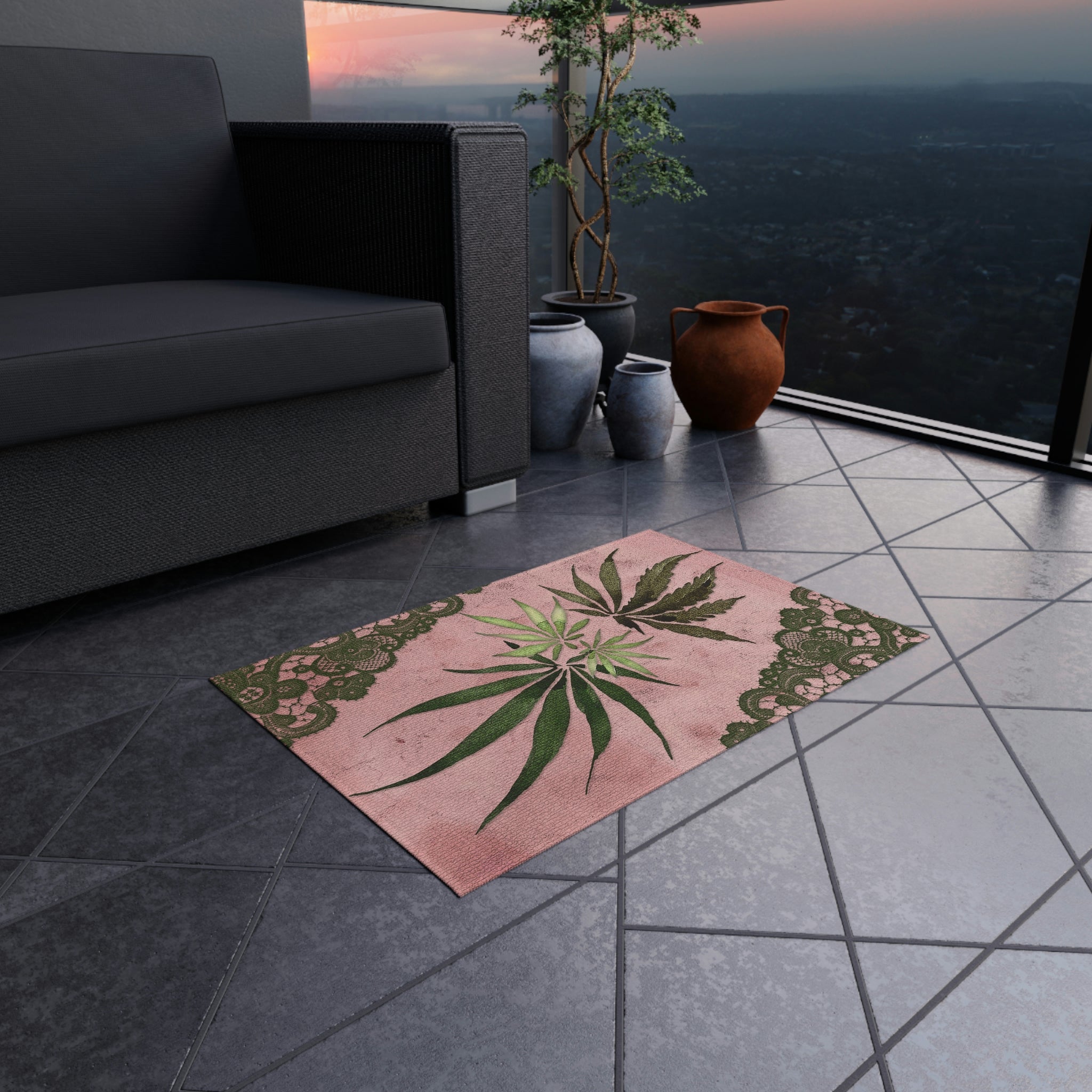 Grey Lace Gorgeous Pink Designed Marijuana 420 Weed Leaf Outdoor Rug