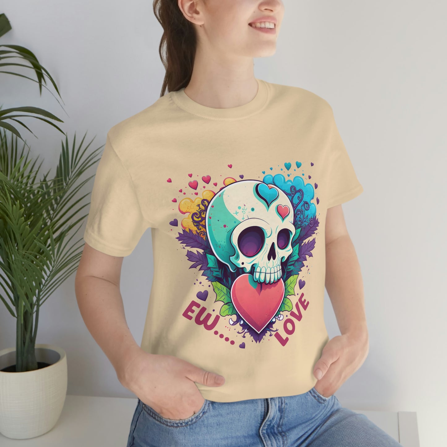 Ew Love Valentine Skull  With Pink And Blue Hearts Unisex Jersey Short Sleeve Tee