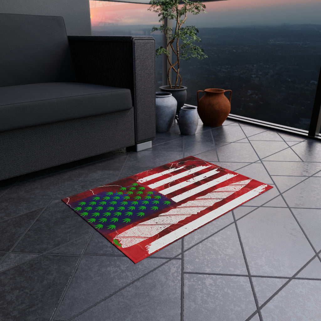Flag Red, White And Blue Beautiful Red Background With Marijuana Pot Weed 420 Outdoor Rug