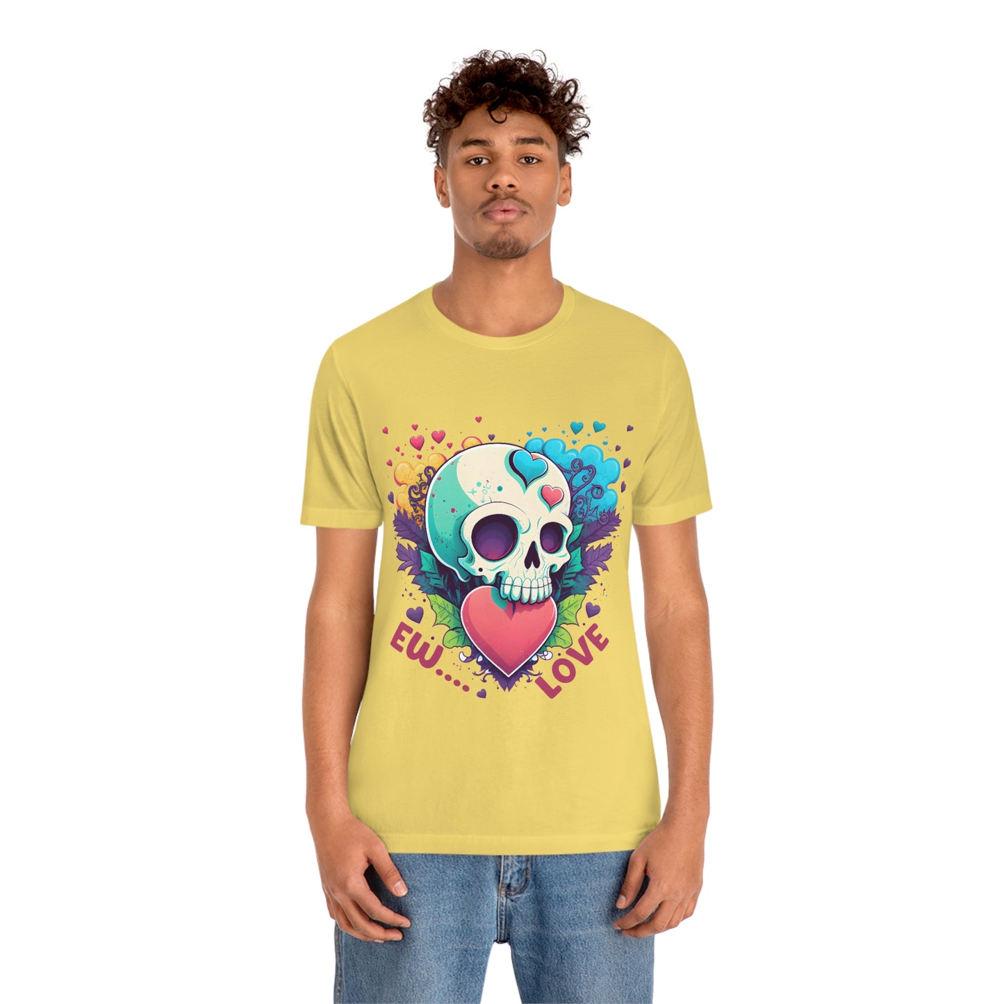 Ew Love Valentine Skull  With Pink And Blue Hearts Unisex Jersey Short Sleeve Tee