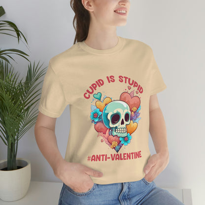 Stupid Cupid #Anti-Valentine Skull With Hearts & Flowers Unisex Jersey Short Sleeve Tee