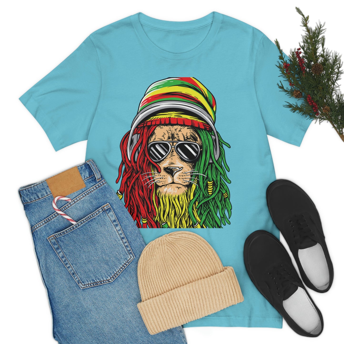 Reggae Lion With Dread locks with Hat, Unisex Jersey Short Sleeve Tee