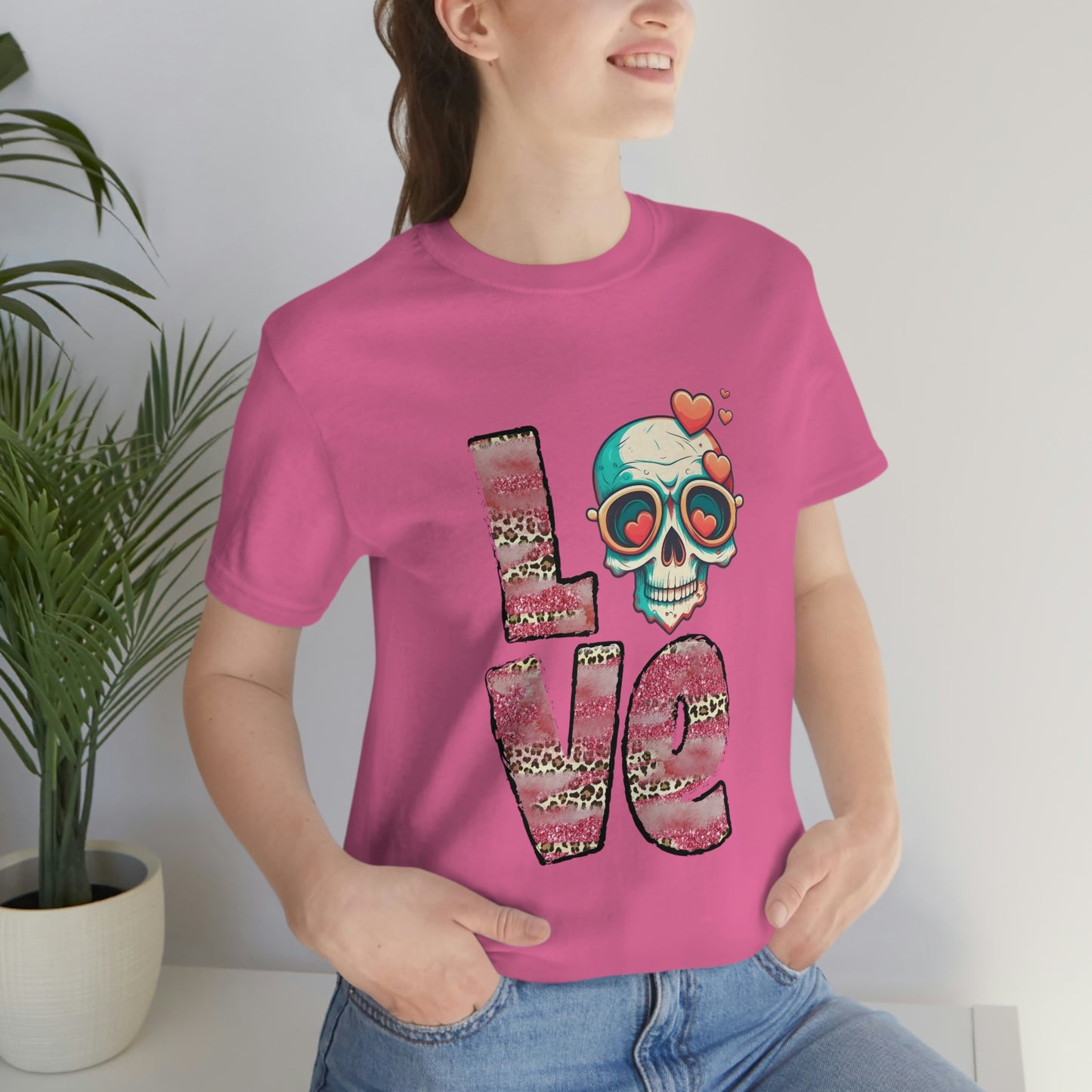 Love Valentine Skull With Red Roses Unisex Jersey Short Sleeve Tee