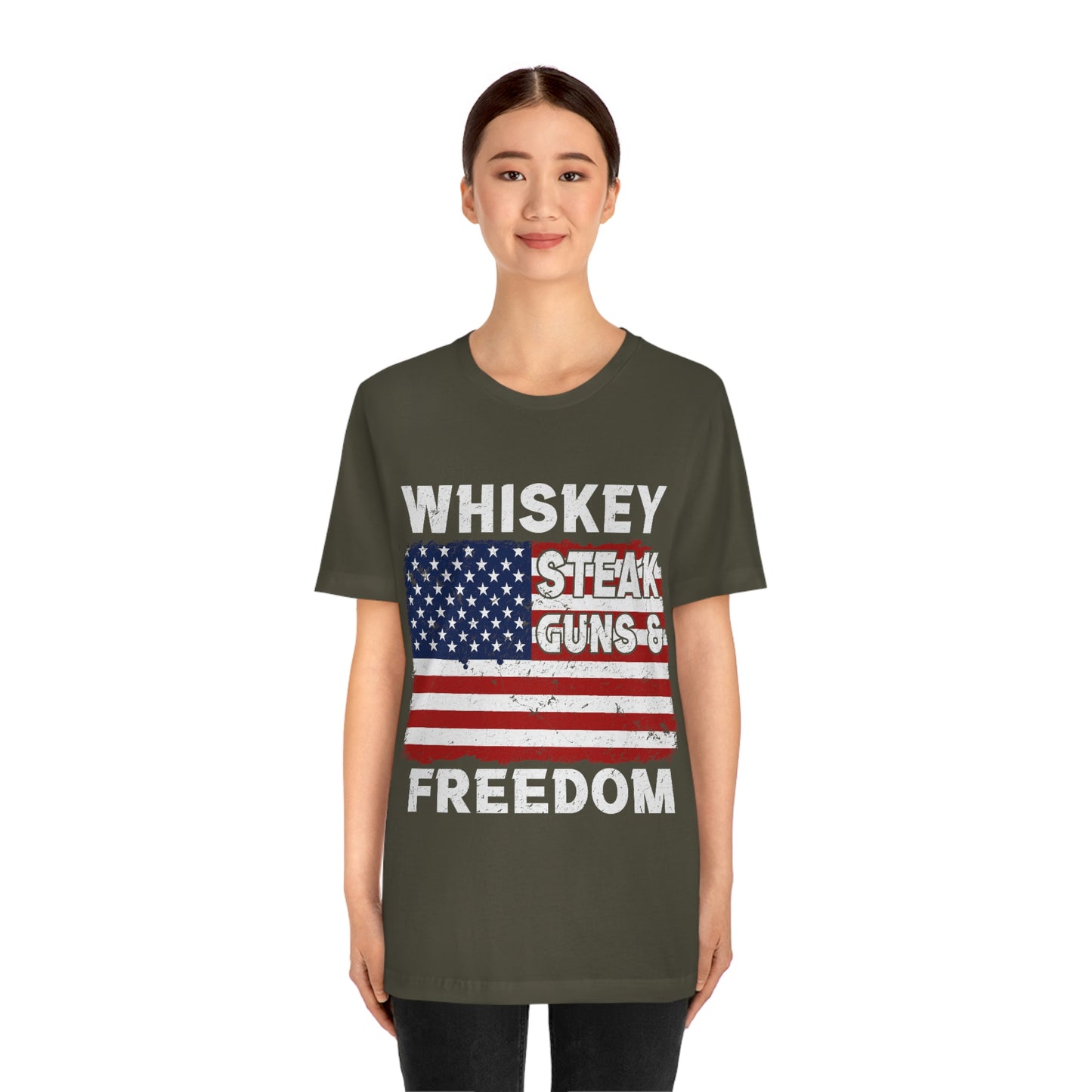 Whiskey Steak Gun And Freedom, American Flag, Fourth Of July 4th Unisex Jersey Short Sleeve Tee