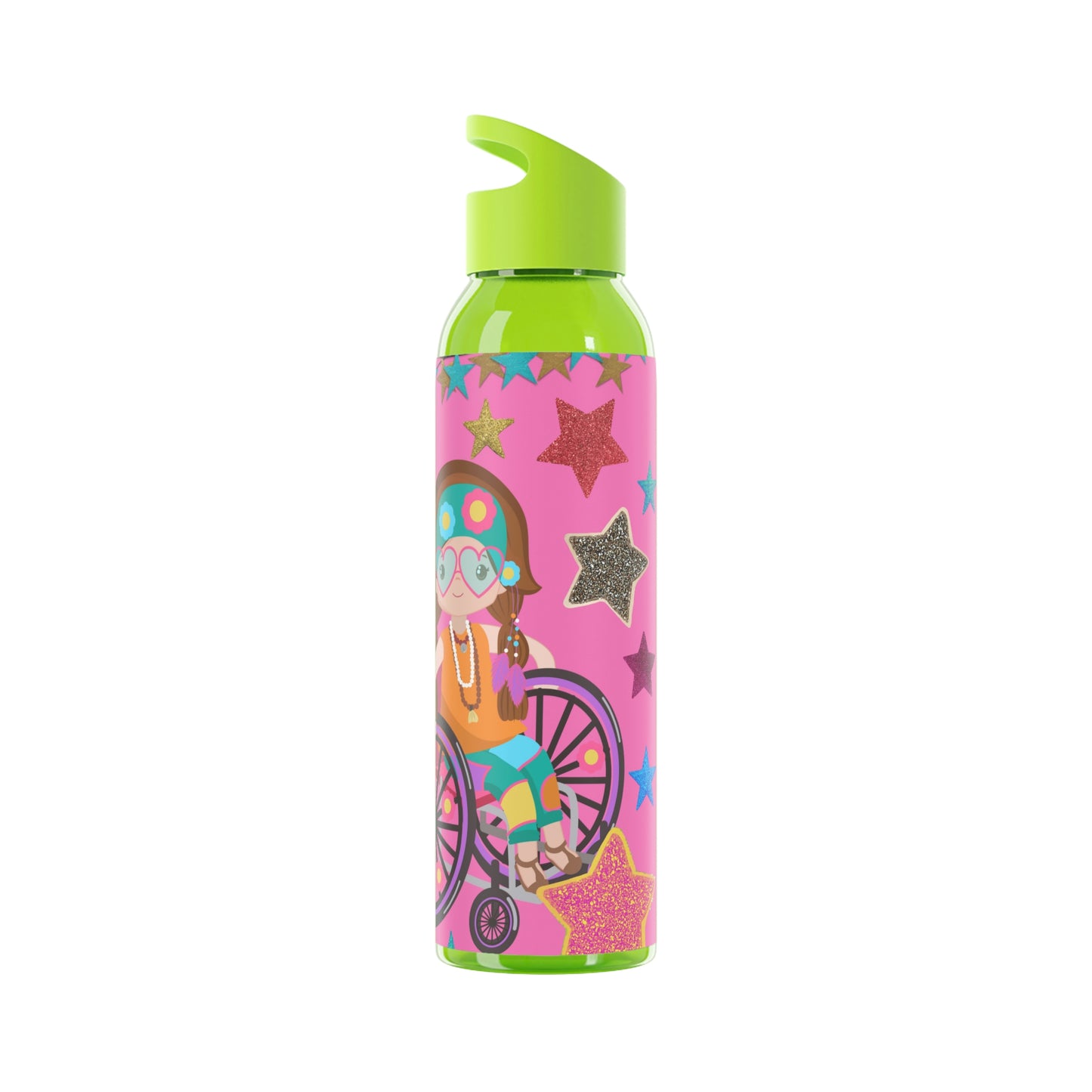 Super Girl Hippie Chic , Wheelchair Purple Background Sky Water Bottle