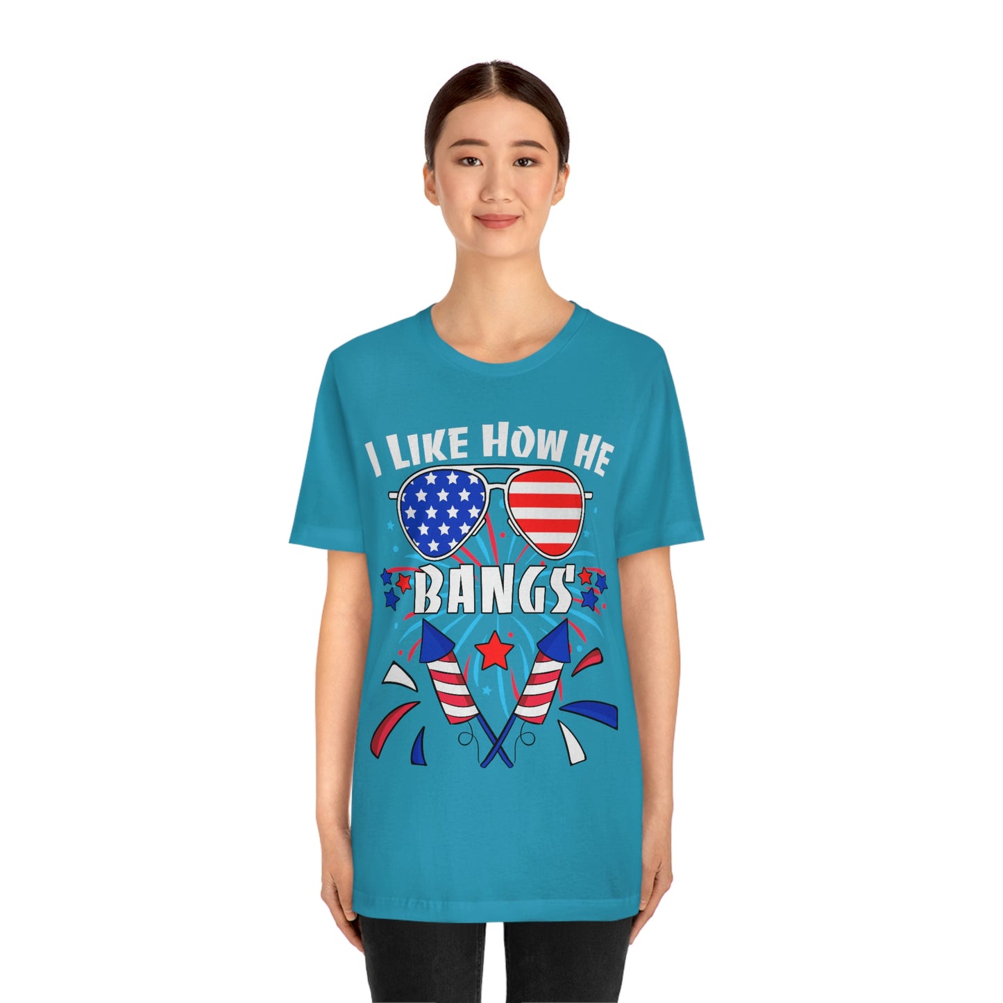 I Like How He Bangs American Flag, Fourth Of July 4th , American Flag Glasses Unisex Jersey Short Sleeve Tee