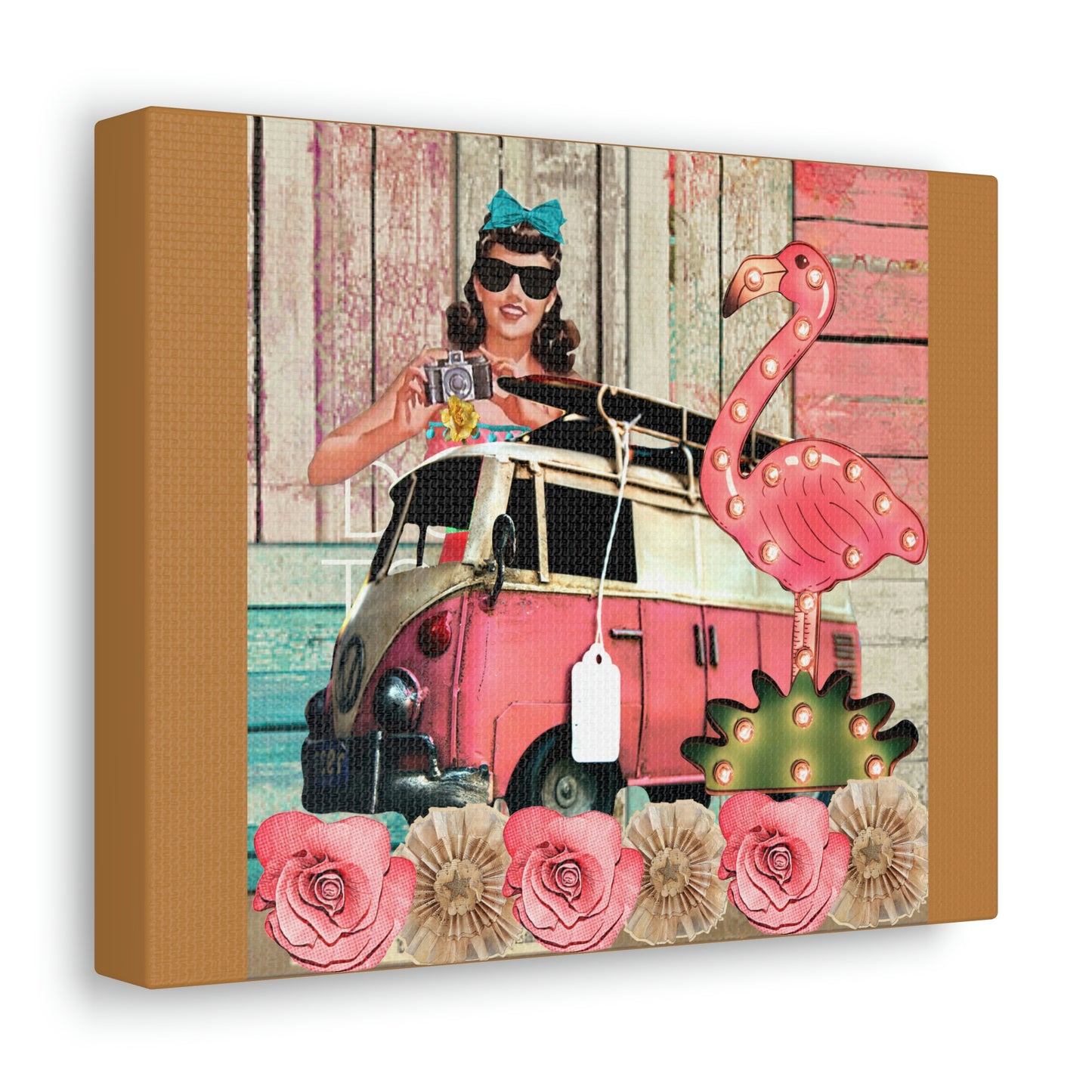 Retro Summer Fun Travel Van Flamingo Collage Canvas Gallery Wraps