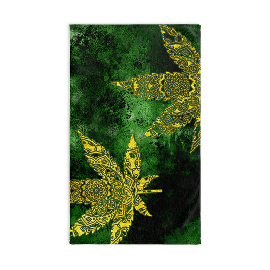 Gorgeous Designed Gold Leaf With Multigreen Background Marijuana Pot Weed 420, Hand Towel