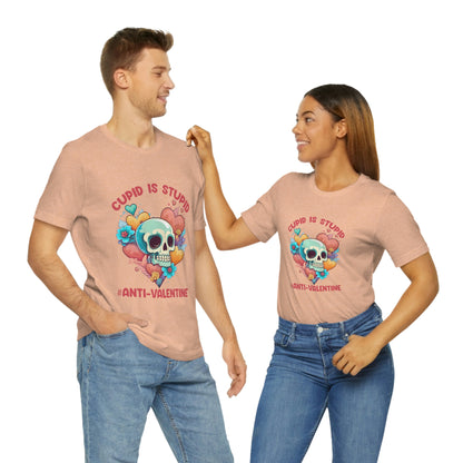 Stupid Cupid #Anti-Valentine Skull With Hearts & Flowers Unisex Jersey Short Sleeve Tee