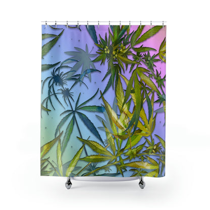 Pinkish Purple And Blue Beautiful Background With Marijuana Pot Weed 420 With Green Leaves Background Shower Curtains