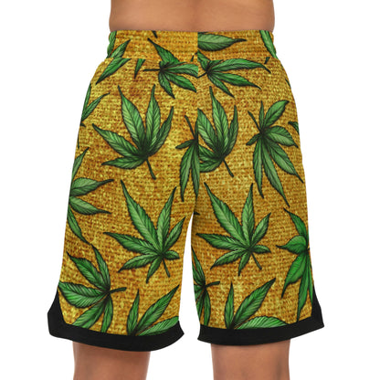 Gold And Green Marijuana Pot Weed Leaf With Gold Background 420 Basketball Rib Shorts (AOP)