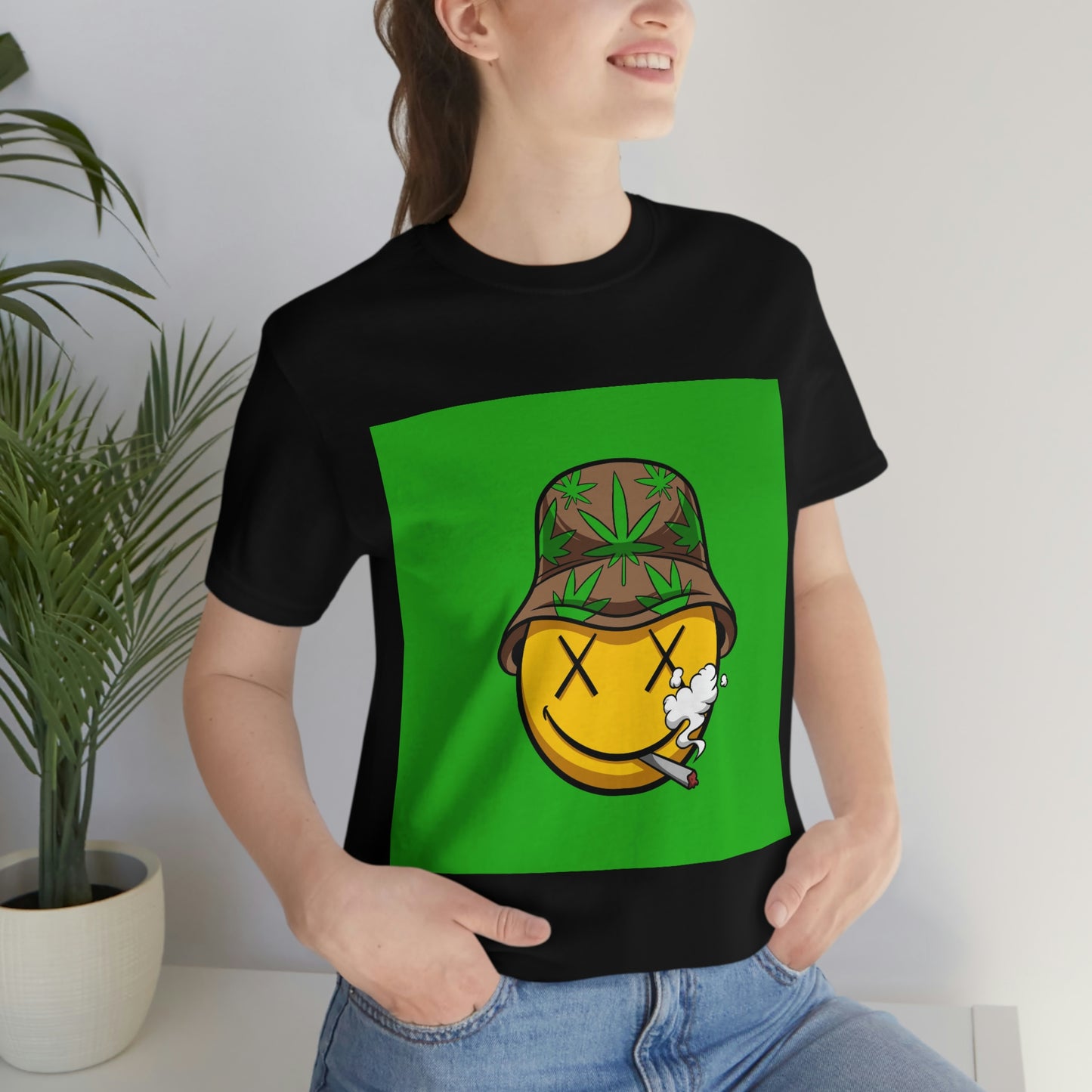 Blazed Happy Face With Hat & Pot Leafs, Unisex Jersey Short Sleeve Tee