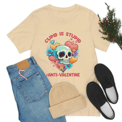 Stupid Cupid #Anti-Valentine Skull With Hearts & Flowers Unisex Jersey Short Sleeve Tee