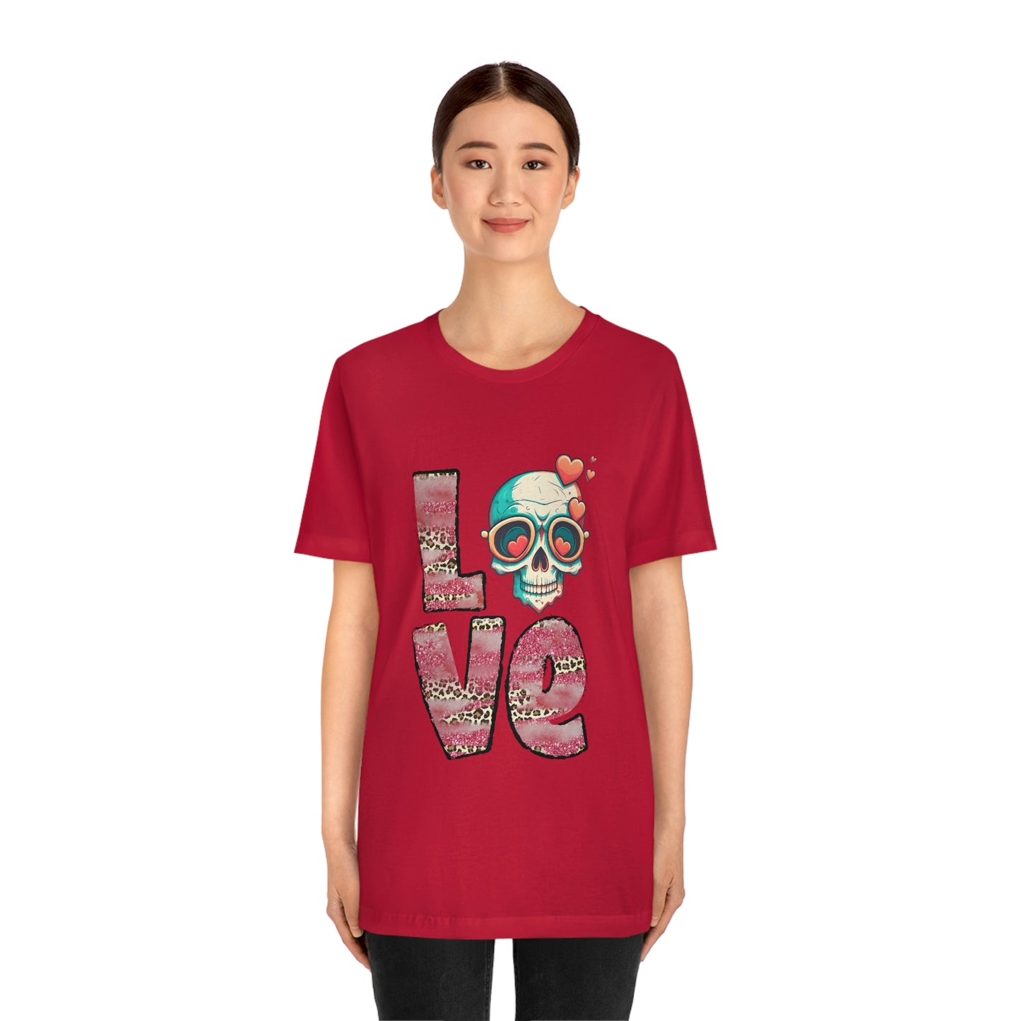 Love Valentine Skull With Red Roses Unisex Jersey Short Sleeve Tee