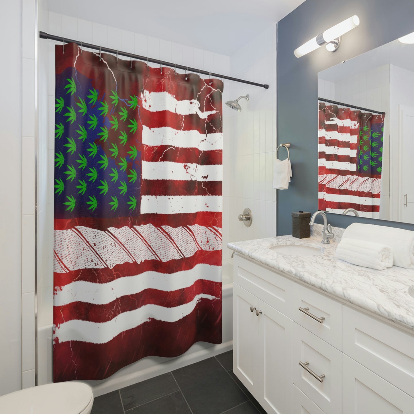 Flag Red, White And Blue Beautiful Red Background With Marijuana Pot Weed 420 Shower Curtains