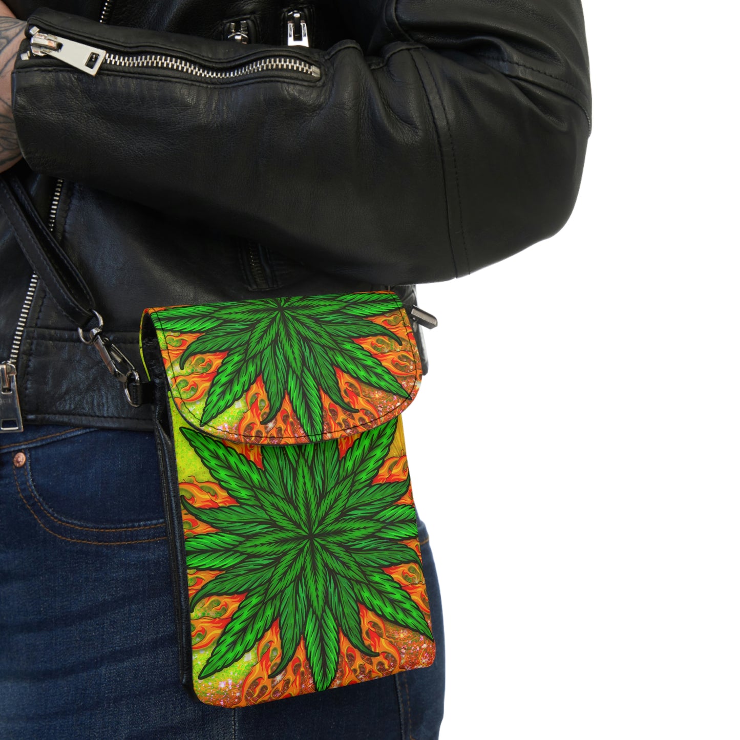 Pot Leaf Collage With Yellow Orange Background With Marijuana Pot Weed 420 Small Cell Phone Wallet