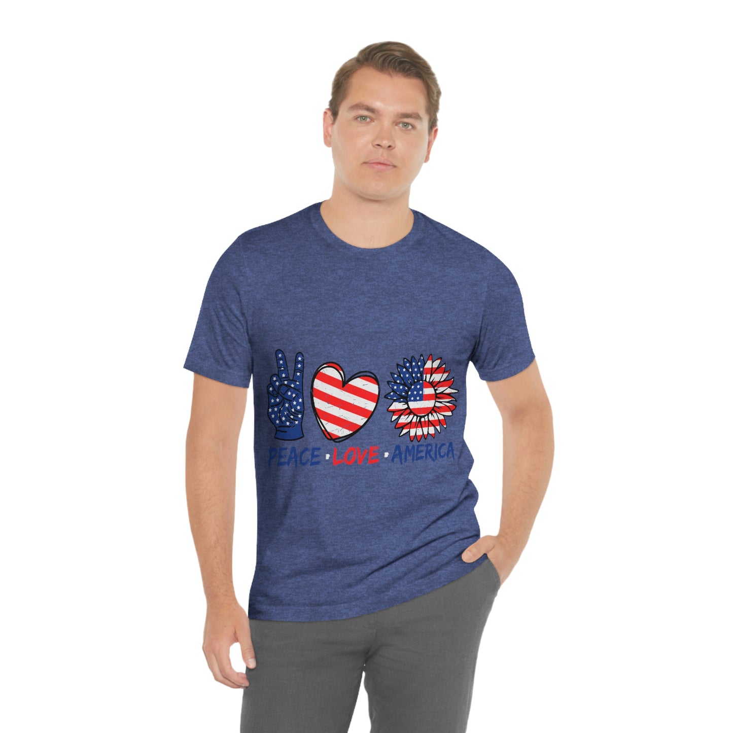 Peace Fingers , Love Heart , America Flag Design Unisex Jersey Short Sleeve Tee